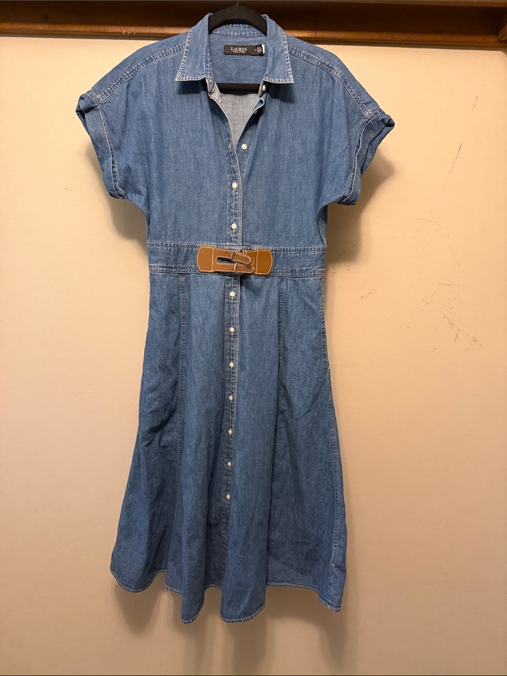 Lauren Ralph Lauren Light Blue Denim Midi Shirt Dress with Tan Buckle Belt